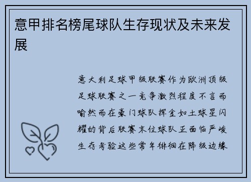 意甲排名榜尾球队生存现状及未来发展