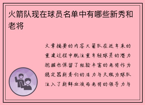 火箭队现在球员名单中有哪些新秀和老将
